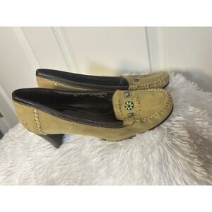 Liz Claiborne‎ Payton Suede Embellished Loafer Heels Women's Size 7.5 Tan